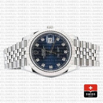 Rolex Datejust 18k White Gold, 904L Steel Blue Diamond Dial Fluted Bezel 41mm Jubilee Bracelet Replica Watch