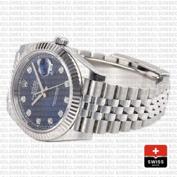 Rolex Datejust 18k White Gold, 904L Steel Blue Diamond Dial Fluted Bezel 41mm Jubilee Bracelet Watch