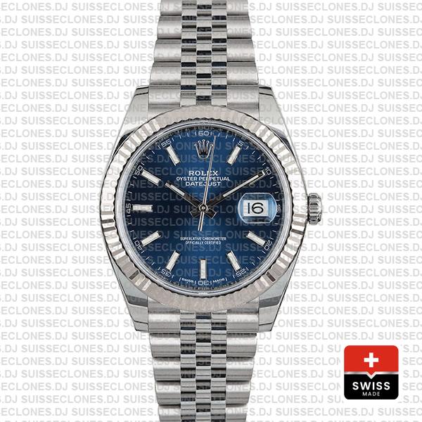 Rolex Datejust 41 Jubilee 2 Tone 18k White Gold Fluted Bezel Blue Dial Stick Markers 126334 Swiss Replica