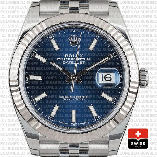 Rolex Datejust 41 Jubilee 2 Tone 18k White Gold Fluted Bezel Blue Dial Stick Markers 126334 Swiss Replica