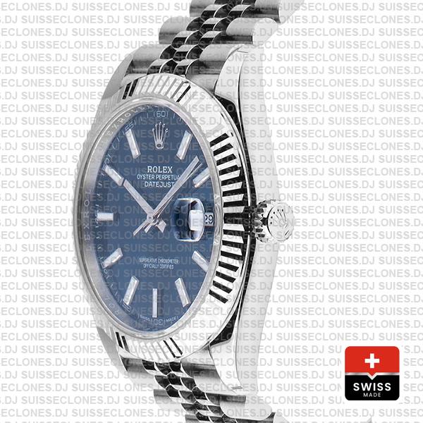 Rolex Datejust 41 Jubilee 2 Tone 18k White Gold Fluted Bezel Blue Dial Stick Markers 126334 Swiss Replica