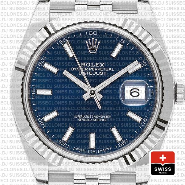 Rolex Datejust 41 Jubilee 2 Tone 18k White Gold Fluted Bezel Blue Dial Stick Markers 126334 Swiss Replica