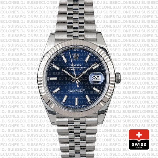 Rolex Datejust 41 Jubilee 2 Tone 18k White Gold Fluted Bezel Blue Dial Stick Markers 126334 Swiss Replica