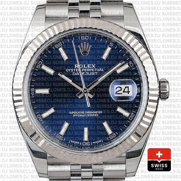 Rolex Datejust 41 Jubilee 2 Tone 18k White Gold Fluted Bezel Blue Dial Stick Markers 126334 Swiss Replica