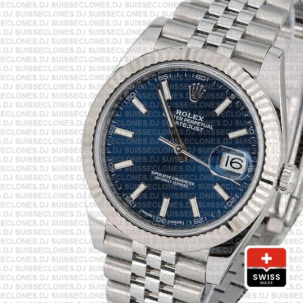 Rolex Datejust 41 Jubilee Bracelet 904L Stainless Steel Blue Sticks Dial 18k White Gold Fluted Bezel Replica Watch