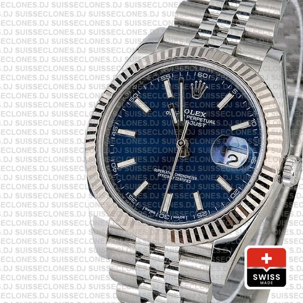 Rolex Datejust 41 Jubilee Bracelet 904L Stainless Steel Blue Sticks Dial 18k White Gold Fluted Bezel Watch