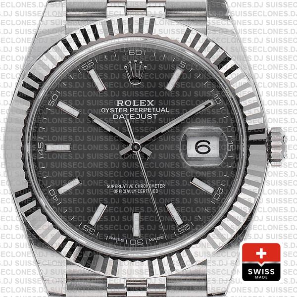 Rolex Datejust 41 Jubilee 2 Tone 18k White Gold Fluted Bezel Dark Rhodium Dial Stick Markers 126334 Swiss Replica