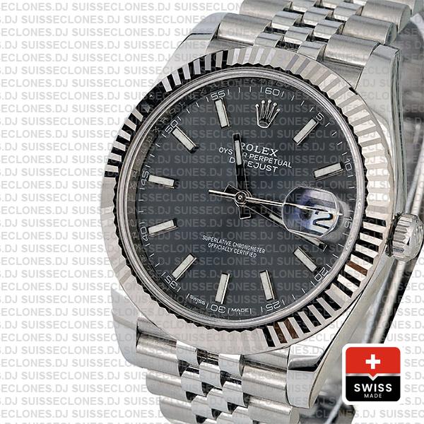 Rolex Datejust 41 Jubilee 2 Tone 18k White Gold Fluted Bezel Dark Rhodium Dial Stick Markers 126334 Swiss Replica
