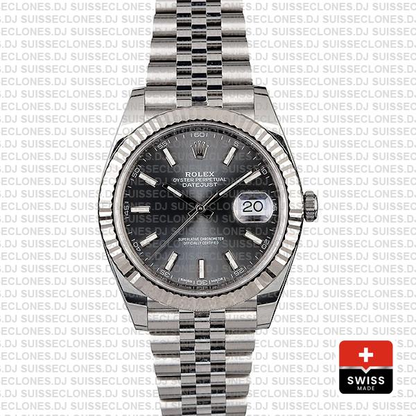 Rolex Datejust 41 Jubilee 2 Tone 18k White Gold Fluted Bezel Dark Rhodium Dial Stick Markers 126334 Swiss Replica