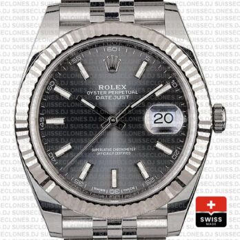 Rolex Datejust 41 Jubilee Bracelet 904L Stainless Steel Dark Rhodium Grey Sticks Dial 18k White Gold Fluted Bezel Watch