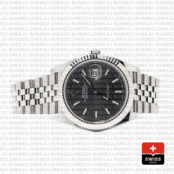 Rolex Datejust 41 Jubilee Bracelet 904L Stainless Steel Dark Rhodium Grey Sticks Dial 18k White Gold Fluted Bezel