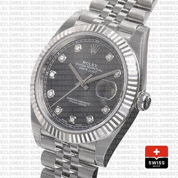 Rolex Datejust 41 Jubilee 2 Tone 18k White Gold Fluted Bezel Rhodium Grey Dial Diamond Markers 126334 Swiss Replica