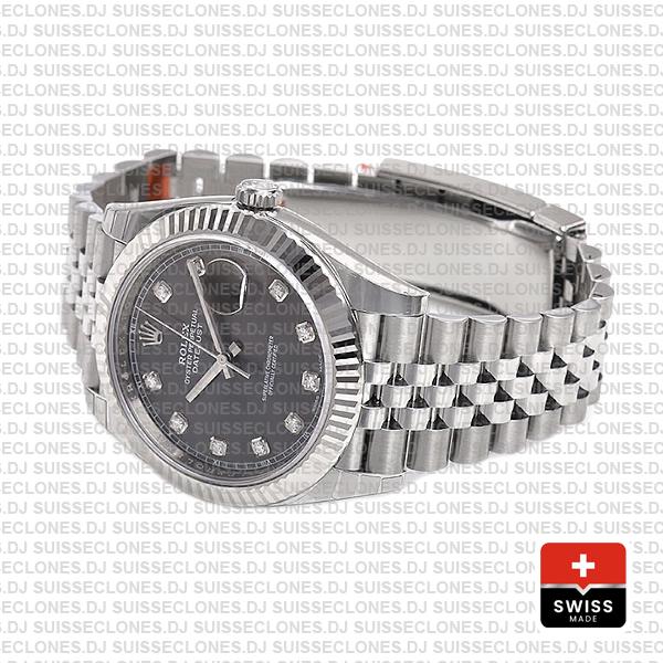 Rolex Datejust 41 Jubilee 2 Tone 18k White Gold Fluted Bezel Rhodium Grey Dial Diamond Markers 126334 Swiss Replica