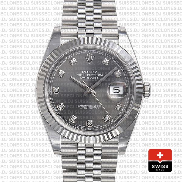 Rolex Datejust 41 Jubilee 2 Tone 18k White Gold Fluted Bezel Rhodium Grey Dial Diamond Markers 126334 Swiss Replica
