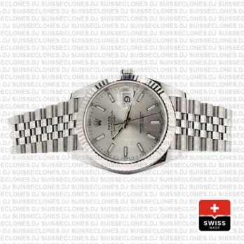 Rolex Datejust 41 Jubilee 2 Tone 18k White Gold Fluted Bezel Silver Dial Stick Markers 126334 Swiss Replica