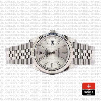 Rolex Datejust 41 Jubilee 2 Tone 18k White Gold Fluted Bezel Silver Dial Stick Markers 126334 Swiss Replica