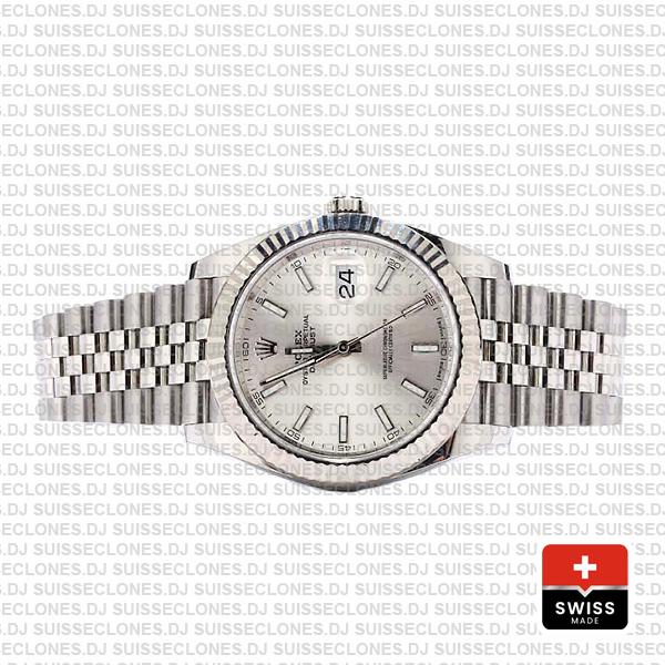 Rolex Datejust 41 Jubilee 2 Tone 18k White Gold Fluted Bezel Silver Dial Stick Markers 126334 Swiss Replica