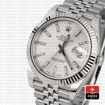 Rolex Datejust 41 Jubilee 2 Tone 18k White Gold Fluted Bezel Silver Dial Stick Markers 126334 Swiss Replica