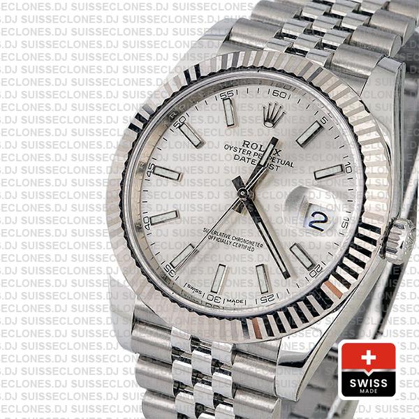 Rolex Datejust 41 Jubilee 2 Tone 18k White Gold Fluted Bezel Silver Dial Stick Markers 126334 Swiss Replica