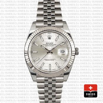 Rolex Datejust 41 Jubilee 2 Tone 18k White Gold Fluted Bezel Silver Dial Stick Markers 126334 Swiss Replica