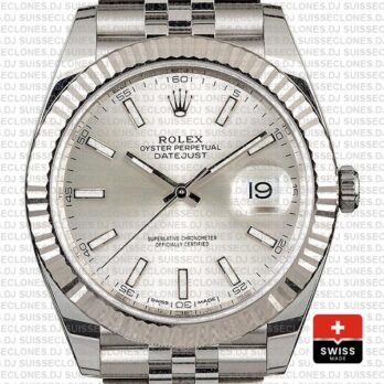 Rolex Datejust 904L Stainless Steel Silver Dial Stick Markers 18k White Gold Fluted Bezel with Jubilee Bracelet Replica Watch