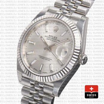 Rolex Datejust 904L Stainless Steel Silver Dial Stick Markers 18k White Gold Fluted Bezel with Jubilee Bracelet