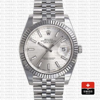 Rolex Datejust 904L Stainless Steel Silver Dial Stick Markers 18k White Gold Fluted Bezel
