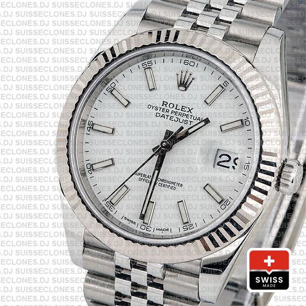 Rolex Datejust 41 Jubilee 2 Tone 18k White Gold Fluted Bezel White Dial Stick Markers 126334 Swiss Replica