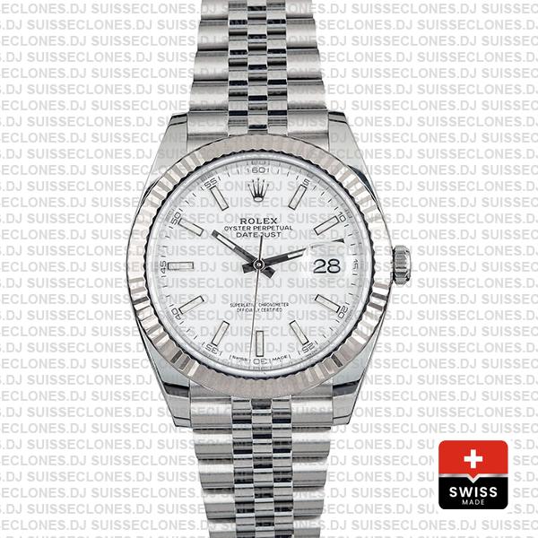 Rolex Datejust 41 Jubilee 2 Tone 18k White Gold Fluted Bezel White Dial Stick Markers 126334 Swiss Replica