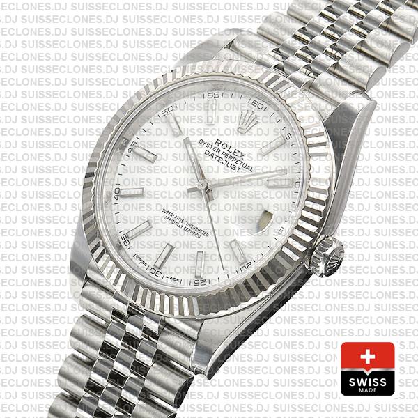 Rolex Datejust 41 Jubilee 2 Tone 18k White Gold Fluted Bezel White Dial Stick Markers 126334 Swiss Replica