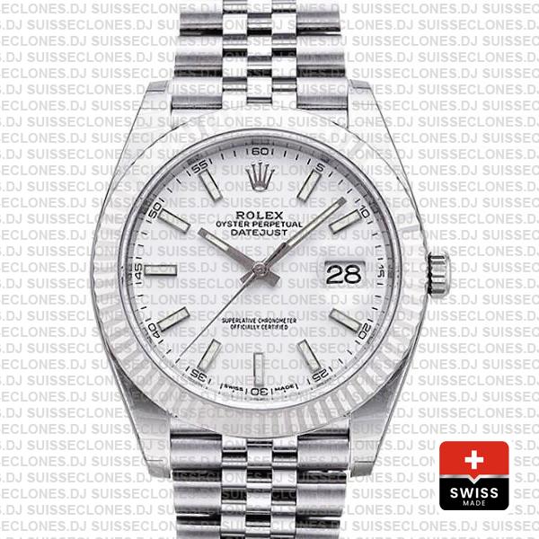 Rolex Datejust 41 Jubilee 2 Tone 18k White Gold Fluted Bezel White Dial Stick Markers 126334 Swiss Replica