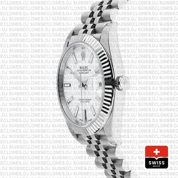 Rolex Datejust 41 Jubilee 2 Tone 18k White Gold Fluted Bezel White Dial Stick Markers 126334 Swiss Replica