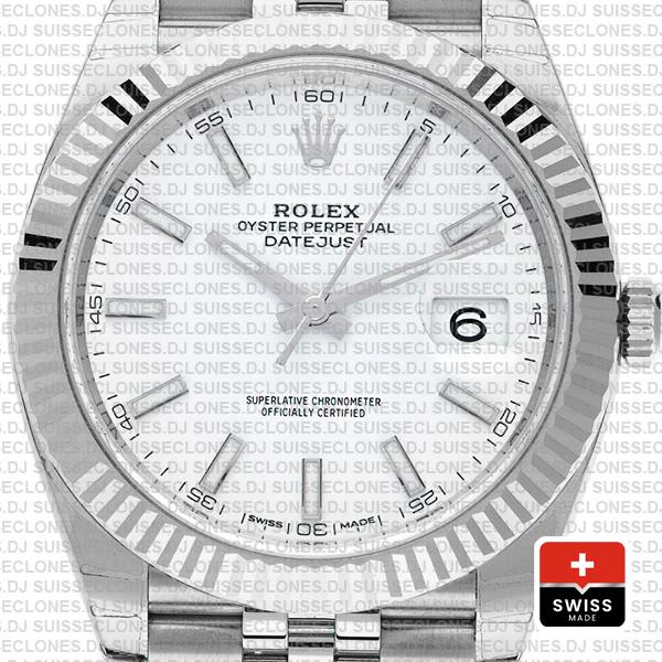 Rolex Datejust 41 Jubilee 2 Tone 18k White Gold Fluted Bezel White Dial Stick Markers 126334 Swiss Replica