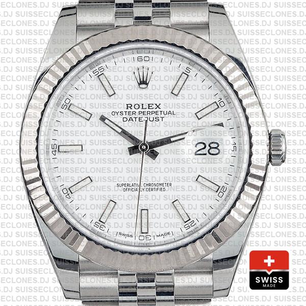 Rolex Datejust 41 Jubilee 2 Tone 18k White Gold Fluted Bezel White Dial Stick Markers 126334 Swiss Replica