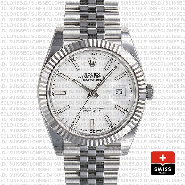 Rolex Datejust 41 Jubilee 2 Tone 18k White Gold Fluted Bezel White Dial Stick Markers 126334 Swiss Replica