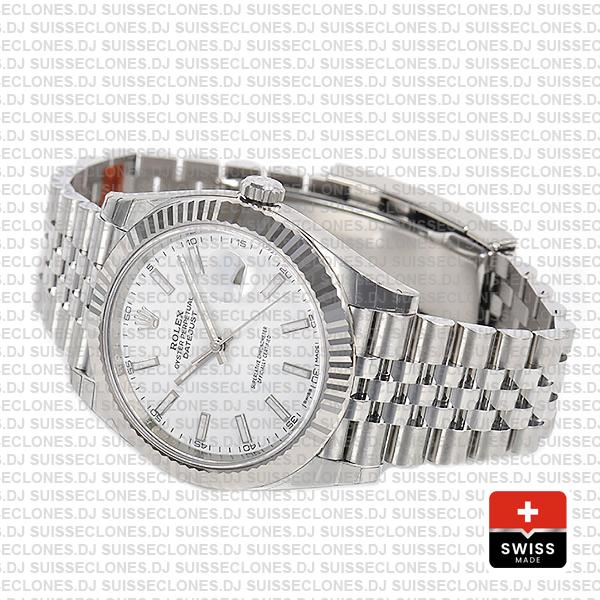 Rolex Datejust 41 Jubilee 2 Tone 18k White Gold Fluted Bezel White Dial Stick Markers 126334 Swiss Replica