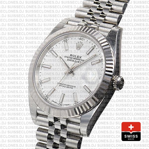 Rolex Datejust 41 Jubilee 2 Tone 18k White Gold Fluted Bezel White Dial Stick Markers 126334 Swiss Replica