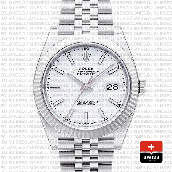 Rolex Datejust 41 Jubilee 2 Tone 18k White Gold Fluted Bezel White Dial Stick Markers 126334 Swiss Replica