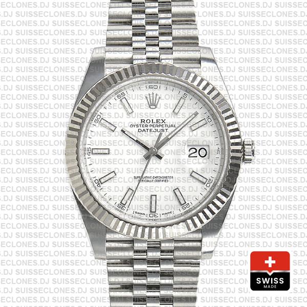 Rolex Datejust 41 Jubilee 2 Tone 18k White Gold Fluted Bezel White Dial Stick Markers 126334 Swiss Replica