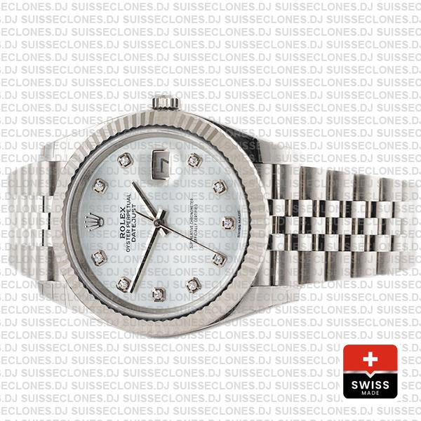 Rolex Datejust 41 Jubilee 2 Tone 18k White Gold Fluted Bezel White Mop Dial Diamond Markers 126334 Swiss Replica