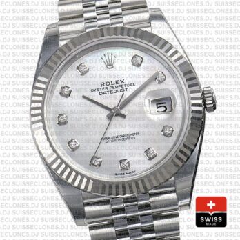 Rolex Datejust 41 Jubilee 2 Tone 18k White Gold Fluted Bezel White Mop Dial Diamond Markers 126334 Swiss Replica