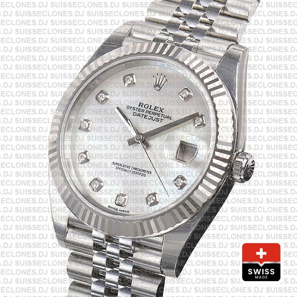 Rolex Datejust 41 Jubilee 2 Tone 18k White Gold Fluted Bezel White Mop Dial Diamond Markers 126334 Swiss Replica
