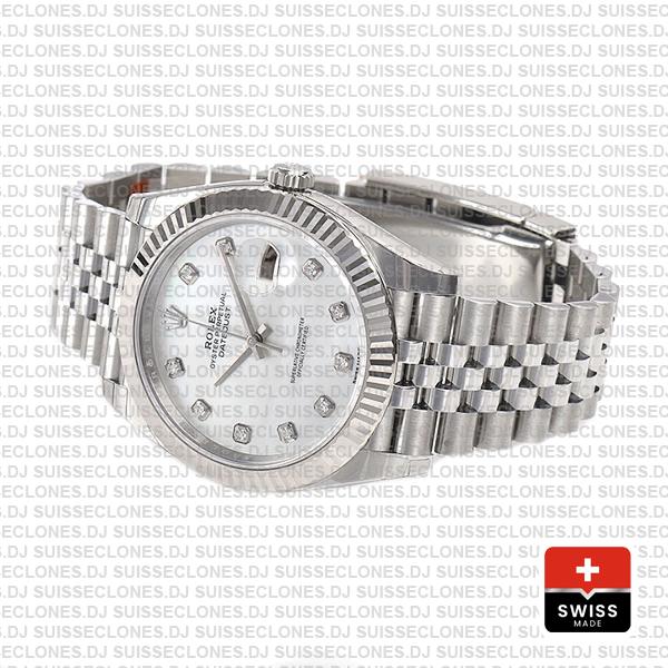 Rolex Datejust 41 Jubilee 2 Tone 18k White Gold Fluted Bezel White Mop Dial Diamond Markers 126334 Swiss Replica