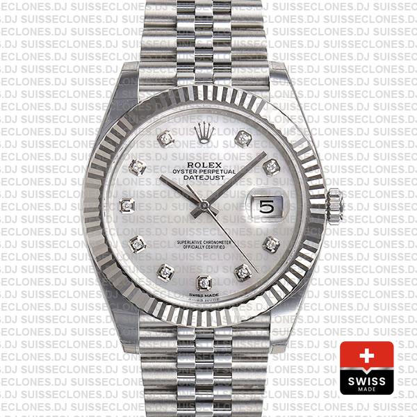 Rolex Datejust 41 Jubilee 2 Tone 18k White Gold Fluted Bezel White Mop Dial Diamond Markers 126334 Swiss Replica