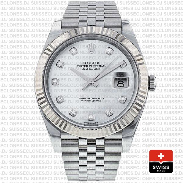 Rolex Datejust 41 Jubilee 2 Tone 18k White Gold Fluted Bezel White Mop Dial Diamond Markers 126334 Swiss Replica