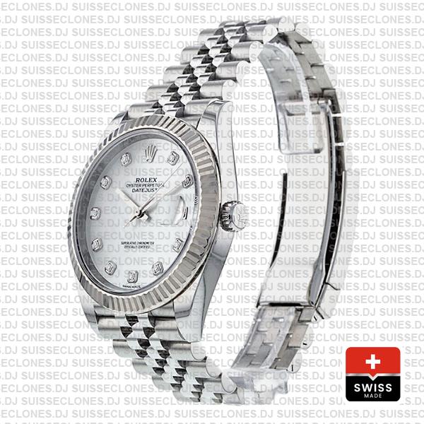 Rolex Datejust 41 Jubilee 2 Tone 18k White Gold Fluted Bezel White Mop Dial Diamond Markers 126334 Swiss Replica