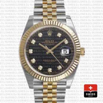 Rolex Datejust 41 Jubilee 2 Tone 18k Yellow Gold Flutted Bezel Black Dial Diamond Markers 126333 Swiss Replica