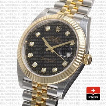 Rolex Datejust 41 Jubilee 2 Tone 18k Yellow Gold Flutted Bezel Black Dial Diamond Markers 126333 Swiss Replica