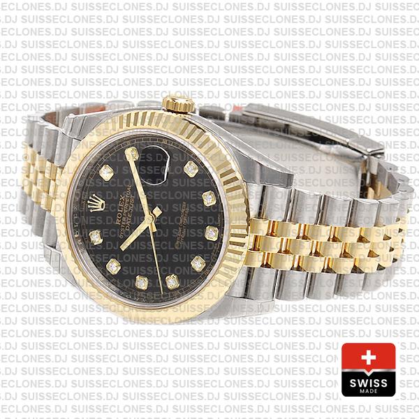 Rolex Datejust 41 Jubilee 2 Tone 18k Yellow Gold Flutted Bezel Black Dial Diamond Markers 126333 Swiss Replica