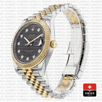 Rolex Datejust 41 Jubilee 2 Tone 18k Yellow Gold Flutted Bezel Black Dial Diamond Markers 126333 Swiss Replica